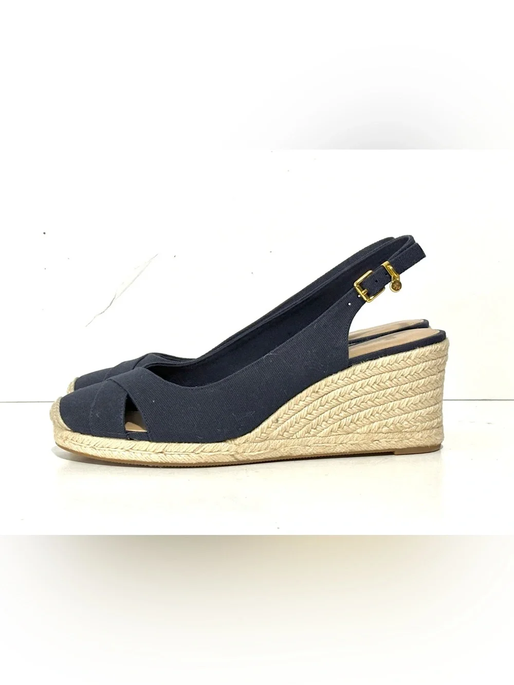 Ralph Lauren Navy Gold Canvas Espadrille Wedge Slingback Size 9 EUC